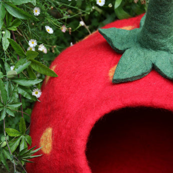 Strawberry-shaped pet house in vibrant red, on brick surface with greenery, cute felt pet house, felt cat bed cave for large cats, cozy cat cave, eco pet bed.