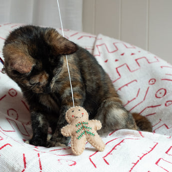 Cat playing with a small gingerbread toy on a white blanket with red patterns.
