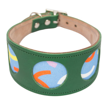 Green leather whippet collar with colourful circular patterns on a white background