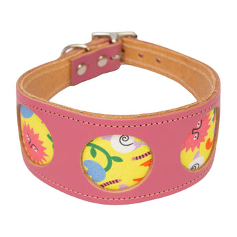 Pink dog collar with colourful floral patterns on a white background