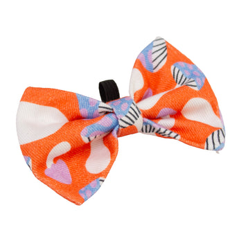 Dog bow tie with elastic from Hiro + Wolf, UK handmade dog bow ties collection, Magical Mushrooms pattern dog bow tie collar and lead set, comfortable fit.